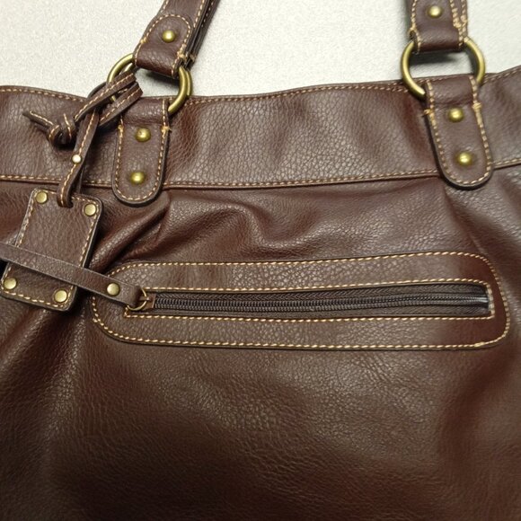 Liz & Co. Brown Faux Leather Tote Bag With Striped Fabric Lining & Multiple Comp - Picture 5 of 15